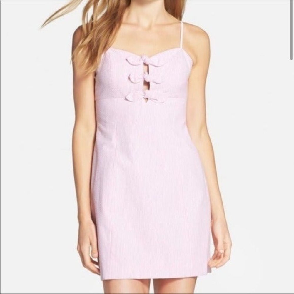 Lilly Pulitzer Petra Seersucker Pink White Pinstriped Dress Front bows